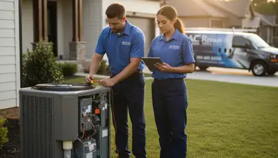 Professional AC repair technician servicing air conditioner unit in Raleigh, NC