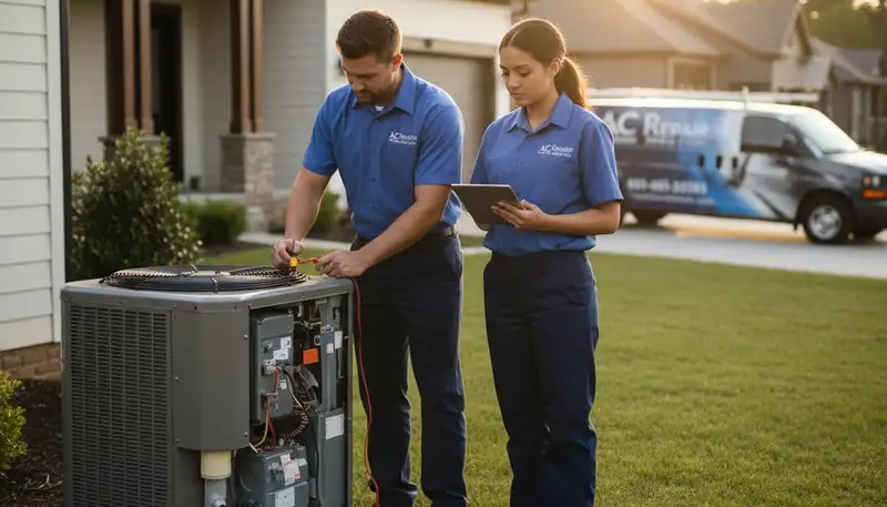 Professional AC repair technician servicing air conditioner unit in Raleigh, NC