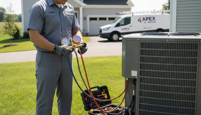 Professional AC repair technician servicing air conditioner unit in Raleigh NC home