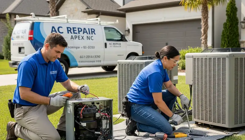 HVAC technician performing AC repair service at a residential home in Raleigh, NC