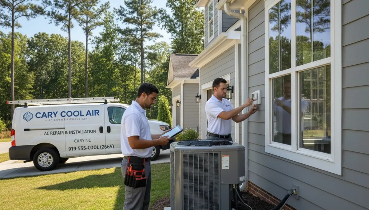 Professional AC repair technician servicing air conditioner unit in Raleigh, NC