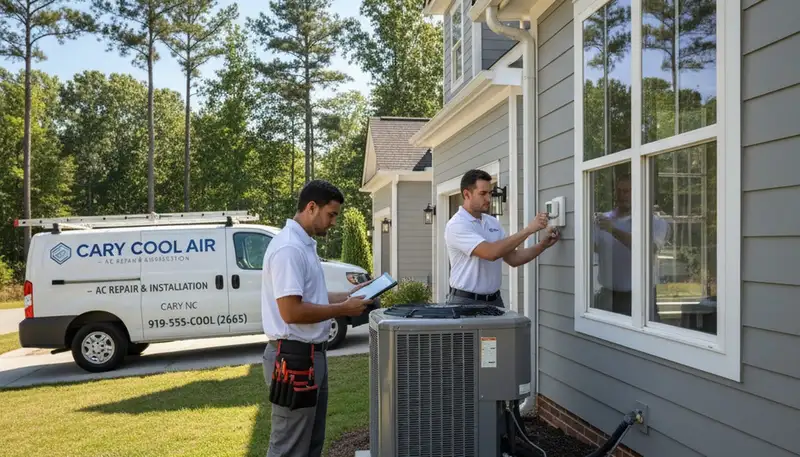 Professional AC repair technician servicing air conditioner unit in Raleigh, NC