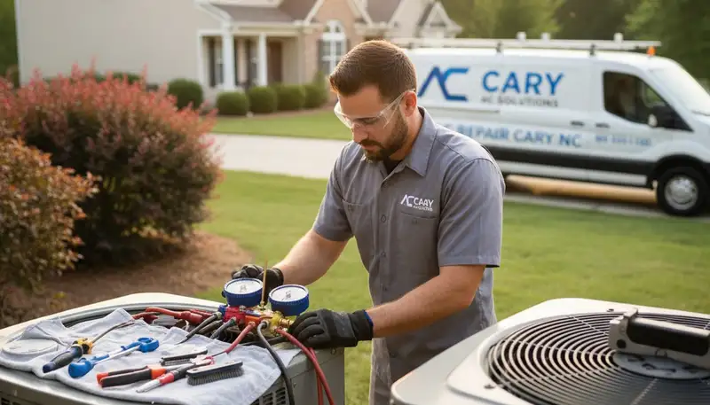 Professional HVAC technician performing AC repair service in Raleigh NC