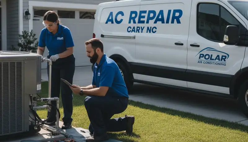 Professional AC repair technician servicing residential air conditioner in Raleigh, NC
