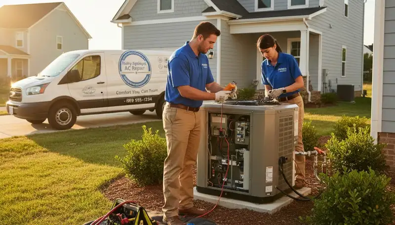 Professional HVAC technician performing AC repair service in Raleigh, NC home
