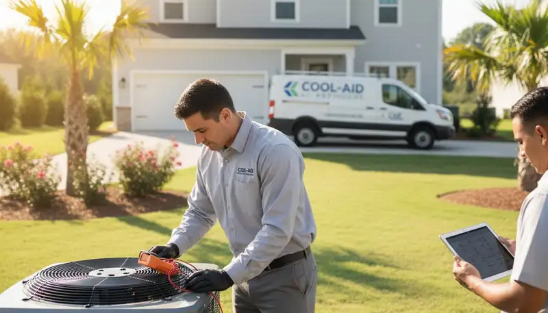 Professional AC repair technician servicing air conditioning unit in Raleigh NC home