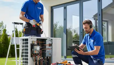 Technician performing AC repair service on residential unit in Raleigh, NC