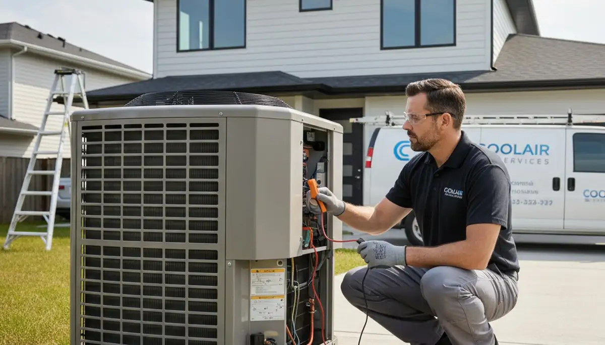 Technician fixing home air conditioner unit in Raleigh NC for Five Star Cooling repair service