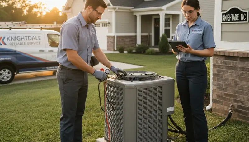 Professional AC repair technician servicing air conditioner unit in Raleigh NC