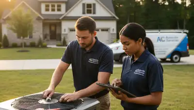 Professional AC repair technician servicing air conditioner unit in Raleigh NC home
