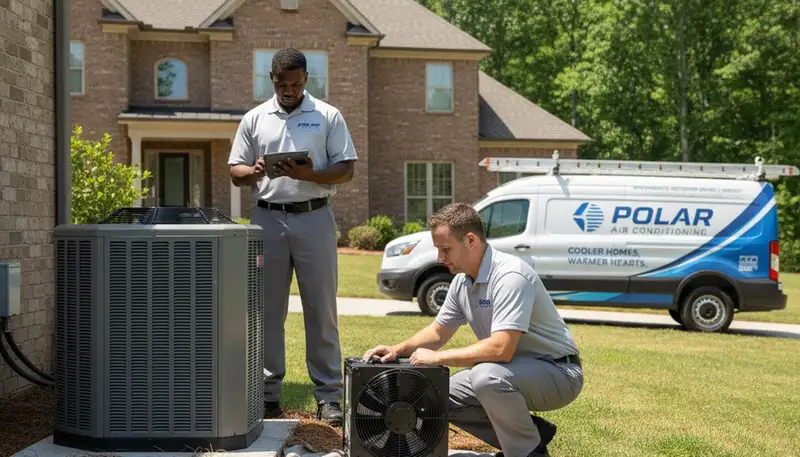 Professional AC repair technician servicing air conditioner unit in Raleigh, NC