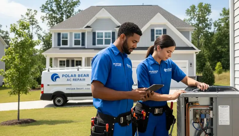 Professional AC repair technician servicing air conditioner unit in Raleigh, NC
