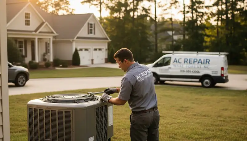 Professional AC repair technician servicing air conditioner in Raleigh NC home