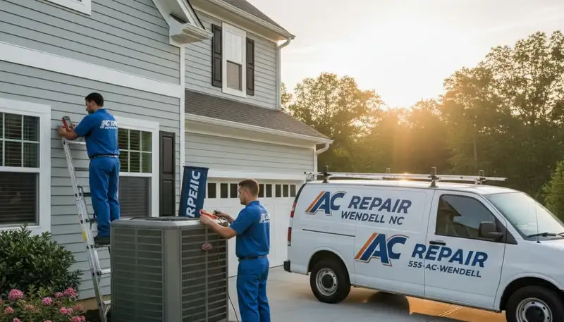Professional AC repair technician servicing air conditioner unit in Raleigh NC home