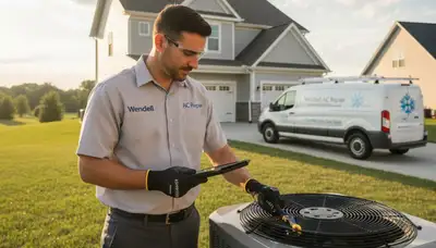 Professional AC repair technician servicing HVAC unit in Raleigh NC home