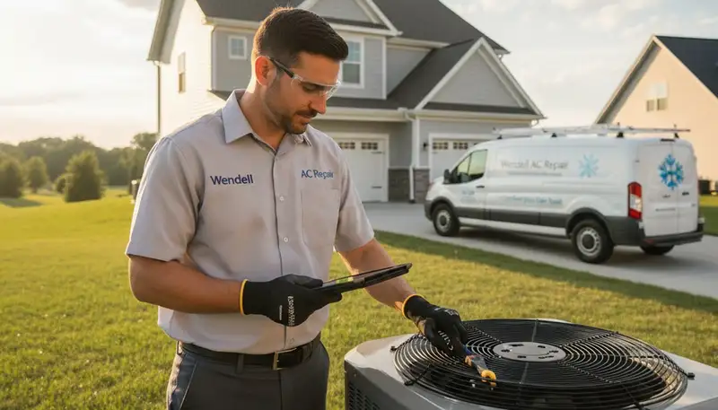 Professional AC repair technician servicing HVAC unit in Raleigh NC home