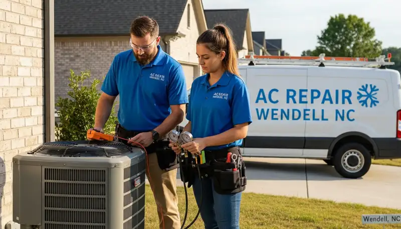 Professional AC repair technician servicing air conditioner unit in Raleigh, NC