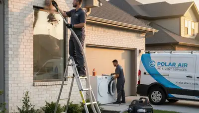 Technician cleaning dryer vent hose in Raleigh NC home for Five Star Cooling maintenance service