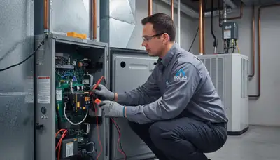 Technician performing furnace repair at Raleigh NC home for Five Star Cooling heating service