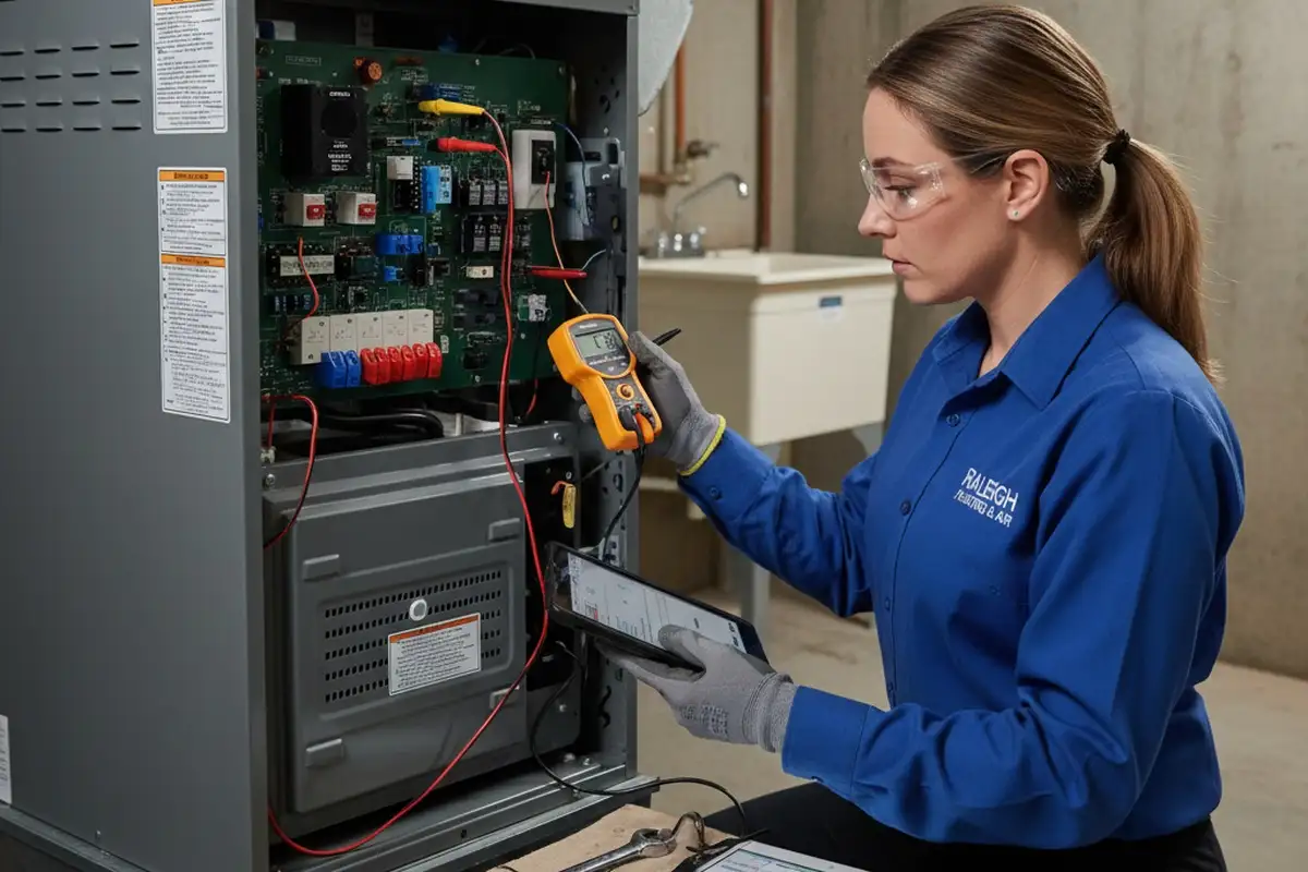 Technician performing furnace repair inspection with diagnostic tools in Raleigh NC home