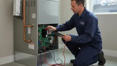 Technician performing heating repair on furnace in Raleigh, NC for Five Star Cooling service