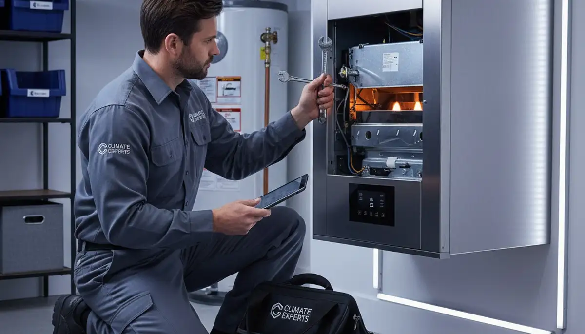 Technician repairing furnace during heating service in Raleigh NC by Five Star Cooling