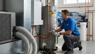 Licensed plumber fixing water heater in Raleigh NC home for Five Star Cooling plumbing services