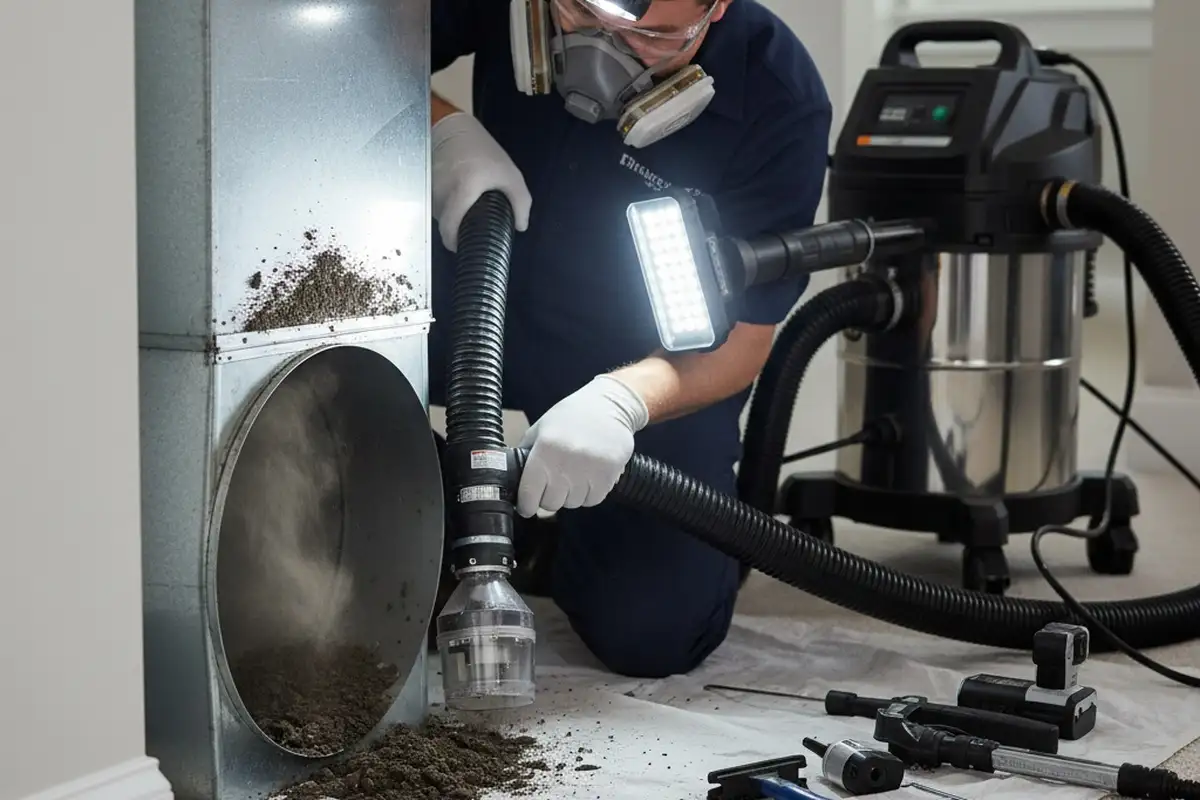 Technician performing detailed air duct cleaning with precision tools at a Raleigh NC home HVAC system