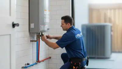 Technician performing water heater repair in Raleigh NC home for Five Star Cooling service page