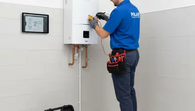 Technician repairing residential water heater in Raleigh NC for Five Star Cooling service
