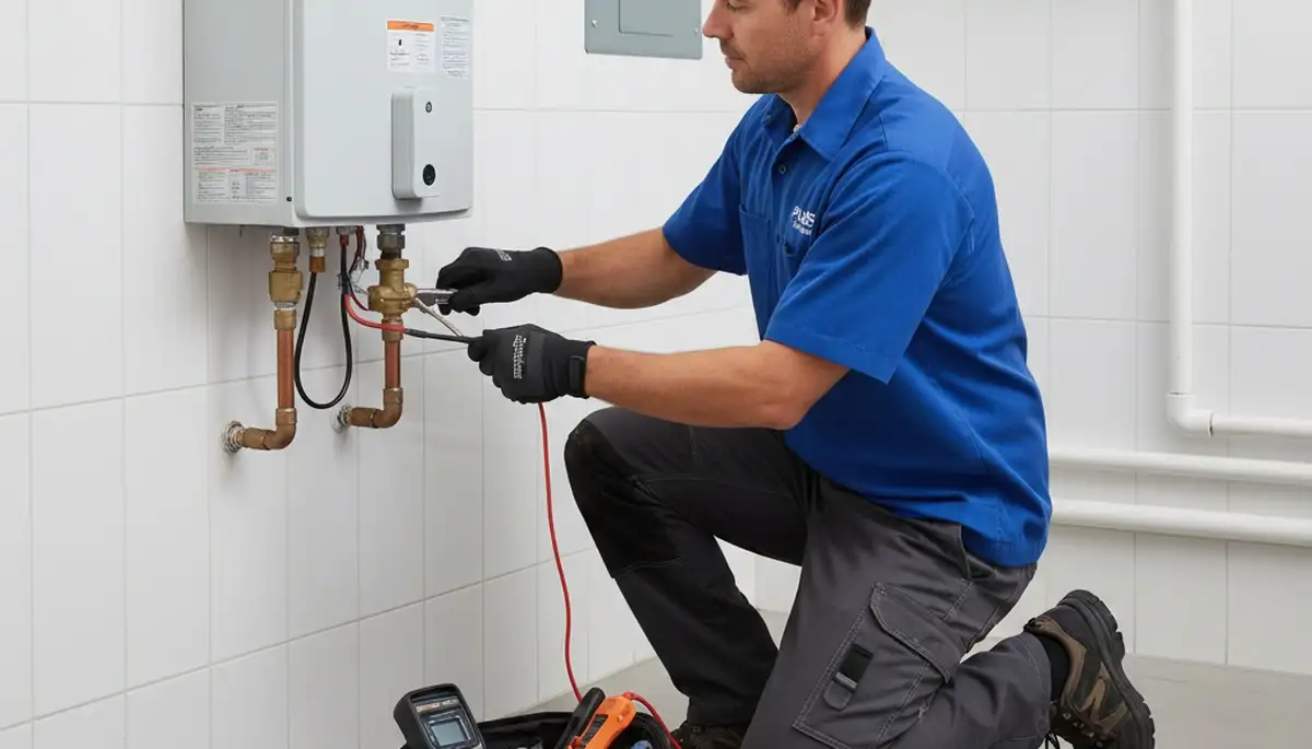 Technician repairing residential water heater in Raleigh NC for Five Star Cooling service page